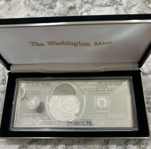 1999 Washington Mint $100 Dollar Silver Proof 4oz Bar With COA and Case