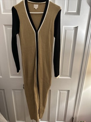 DEE ELLY KNIT LONG DRESS LARGE BLACK AND BROWN BAIGE BUTTON UP