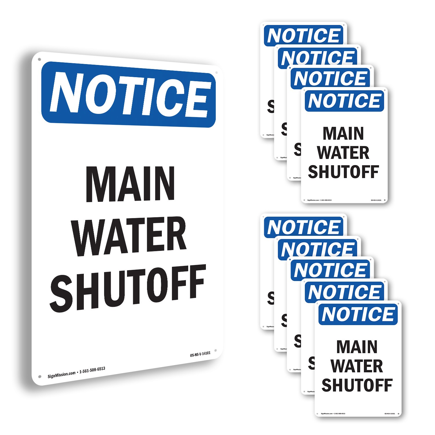 Main Water Shutoff OSHA Notice Sign Metal, Plastic, Or Decal - 5 or 10 Pack