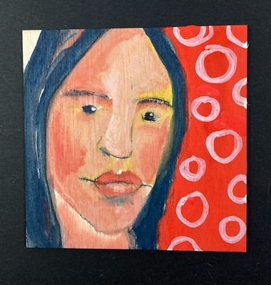 Original Portrait Painting Woman 4x4 Red Square Expressive Naive Outsider Art