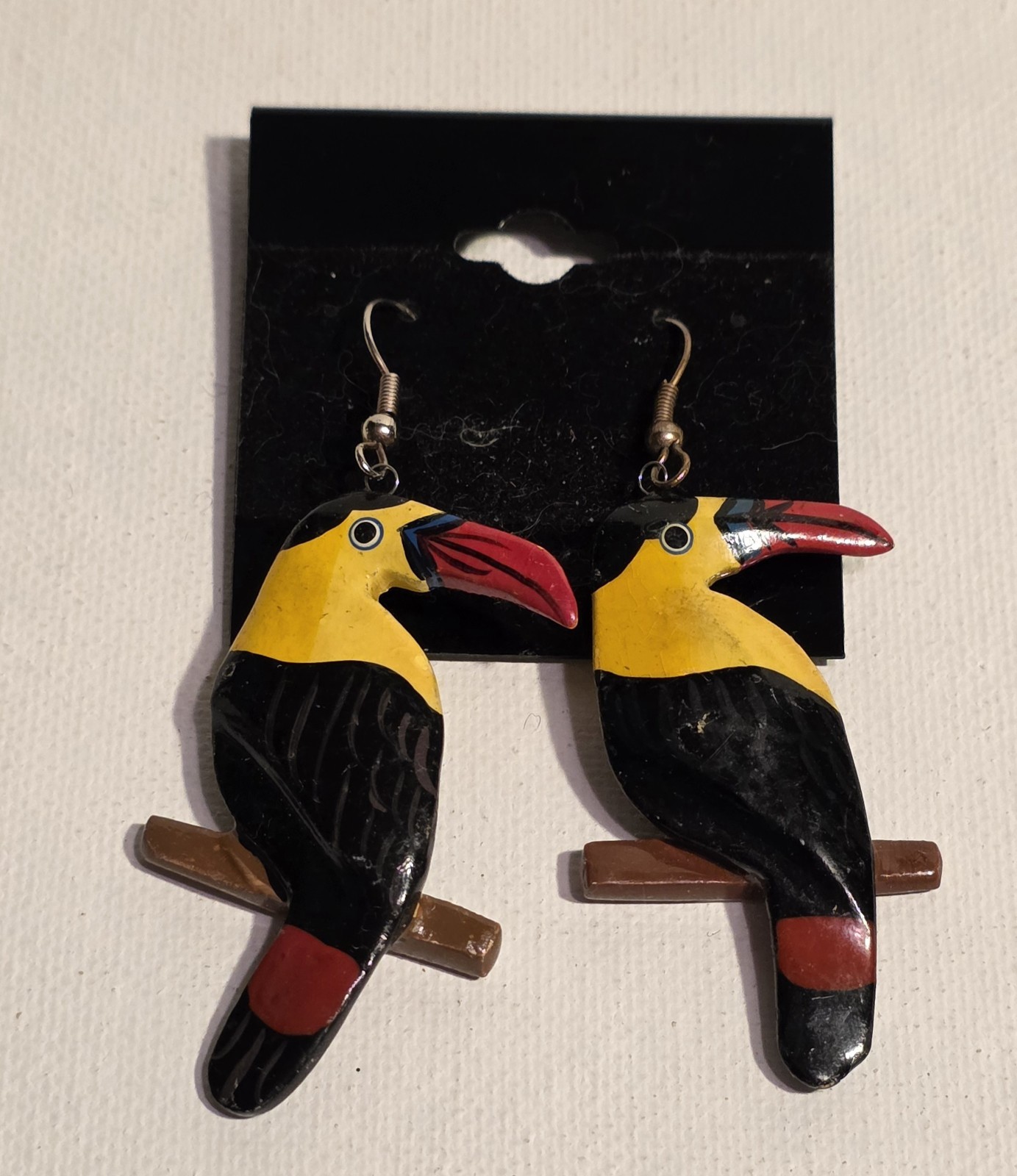 Kitsch Tropical Yellow & Red Handpainted Toucan Bird Earrings