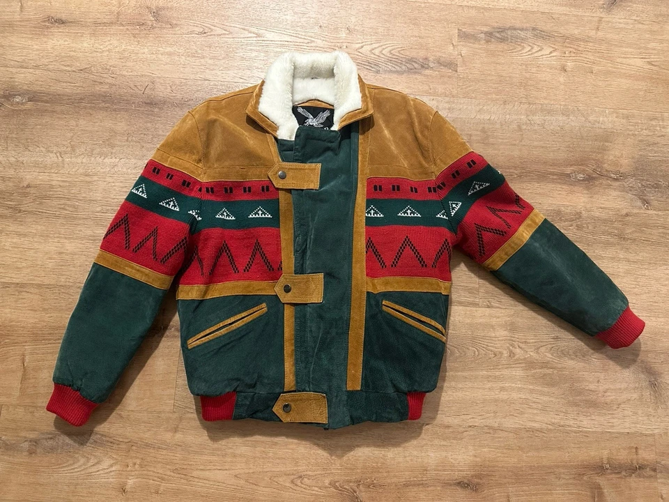 Abrigo de cuero Adler vintage Sherpa chaqueta tribal azteca del suroeste talla pequeña Foto 2 de 4