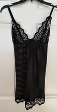 Vtg Satin Slip Dress Sz M/L Black Pin Stripe Black Lace Y2K Coquette Whimsigoth