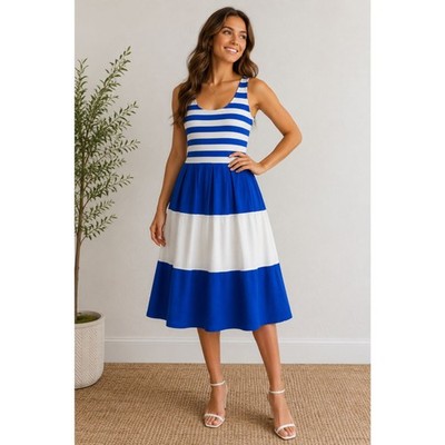 Neiman Marcus Dress Size 10 Blue White Striped Sleeveless Fit & Flare Midi