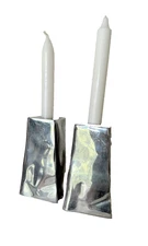 Pottery Barn Candlestick Holder Pair Set Taper Silvertone Pillar Metal Modern