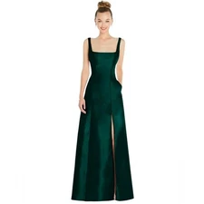 Alfred Sung Dark Green Jewel Tone Satin Twill Square Neck Sleeveless Gown  14R