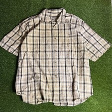 Vintage Guess Plaid Short Sleeve Button Down Shirt Tan Blue Men's Large L Logo