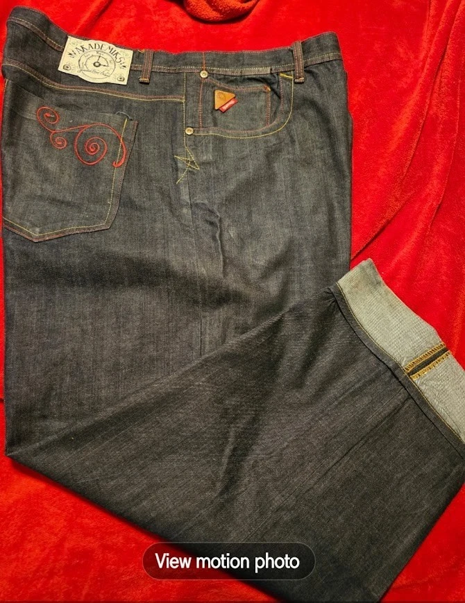 Jeans bordado Akademiks vintage 48x32 azul denim hip hop folgado perna larga - Imagem 2 de 4