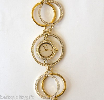 NEW GENEVA GOLD TONE CRYSTAL CIRCLE KEY TOGGLE BRACELET FANCY 2 CHAIN WATCH