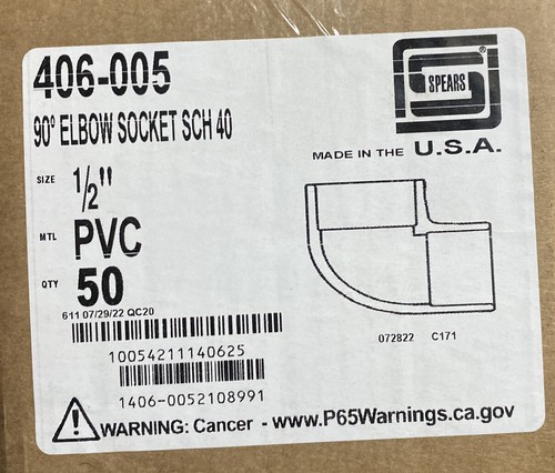 Spears 1/2” Elbow, Socket Schedule 40 PVC-406-005. Box Of 50 PCs. Made In USA.