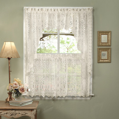 Hopewell Heavy Lace Floral Kitchen Curtain 24'' Tier Pair, Valance & Swag Set