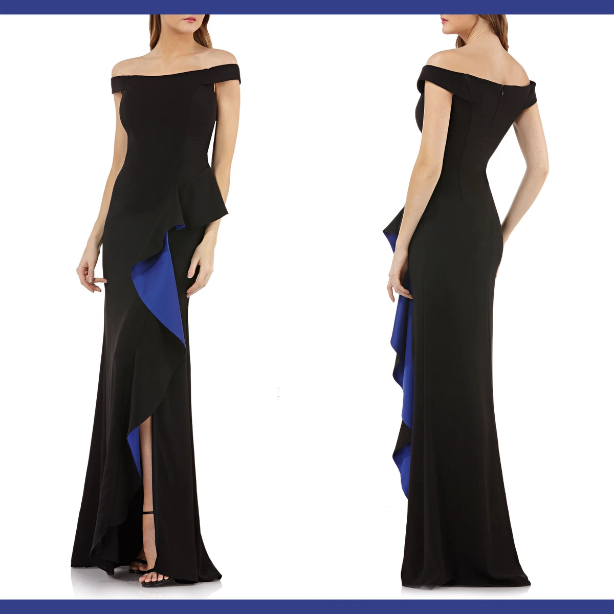 NEW Carmen Marc Valvo Infusion Ruffle Off the Shoulder Gown Black