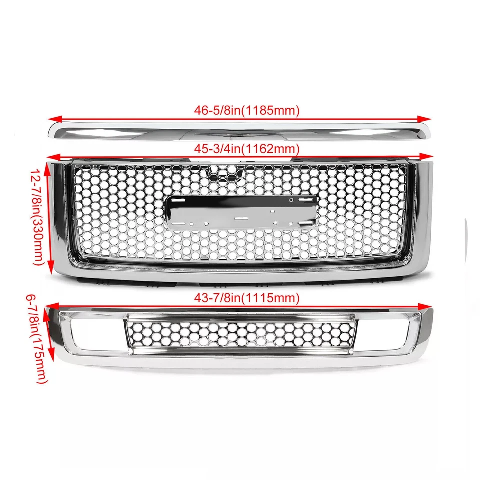 For 2007-13 GMC Sierra 1500 Denali Pickup Upper Lower Grille Hood Molding Chrome Foto 4 de 4