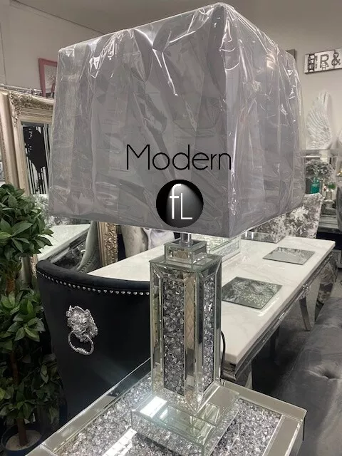 Mirrored and crushed diamond table lamp with grey shade glitz