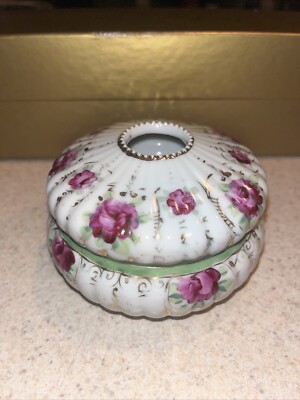 Antique Porcelain Floral Hand-Painted Hair Receiver With Lid Gold/purple