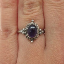 925 Sterling Silver Vintage Real Cabochon Amethyst Oxidized Ring Size 5.75