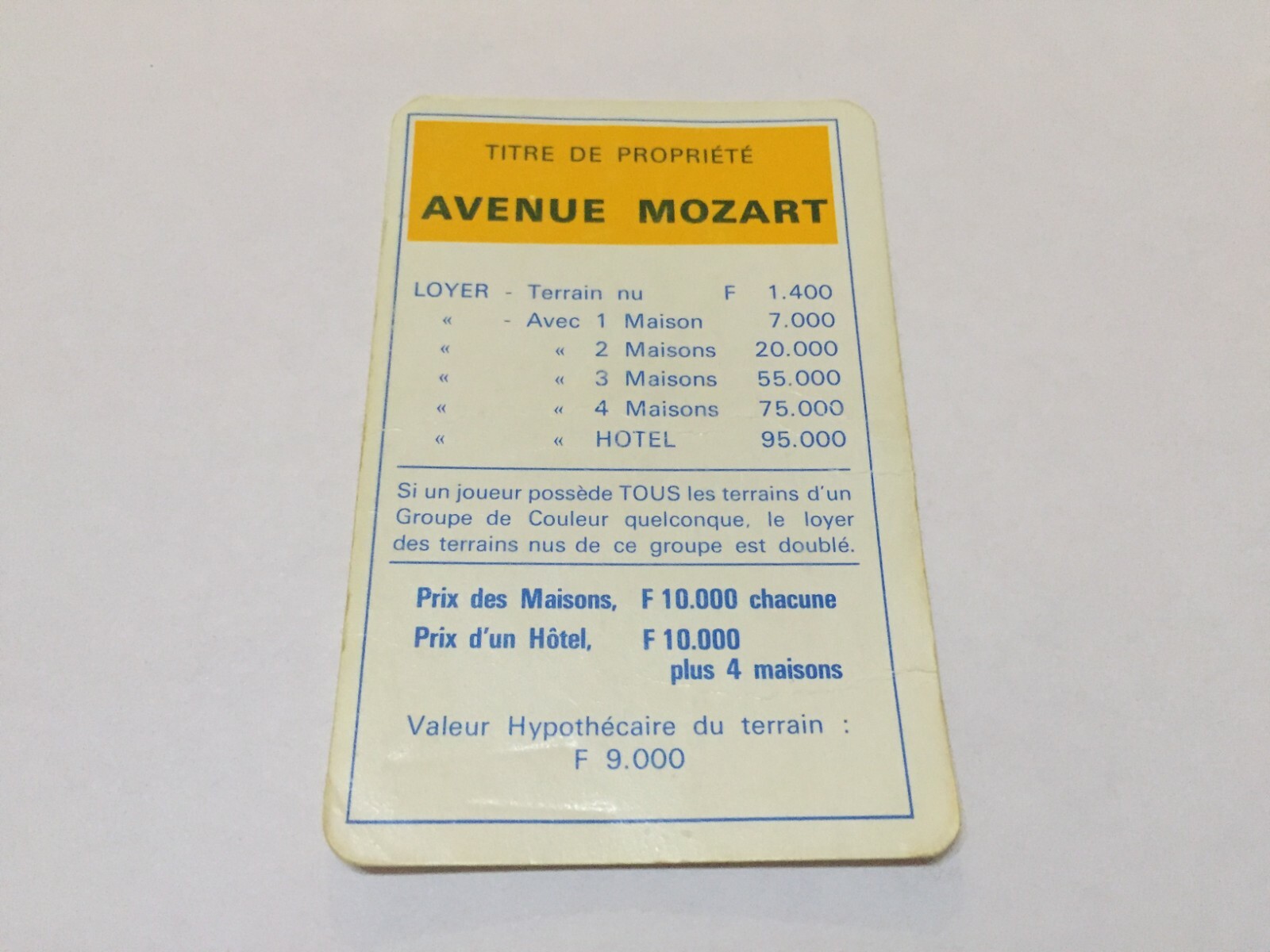 MONOPOLY MIRO COMPANY CARTE TITRE DE PROPRIÉTÉ AVENUE MOZART eBay