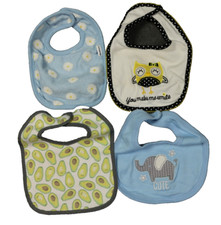 LOT OF 4 Baby Bibs Multicolor Small 7" Wide, Avocados Owl Flowers Elephant