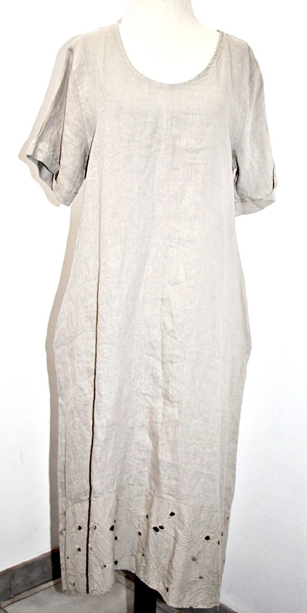 ROSEMARINE 100% Italian Linen Short Sleeve Hi-lo Crochet Hem Dress in Grey sz 2X ROSEMARINE 100% Italian Linen Short Sleeve Hi-lo Crochet Hem Dress in Grey sz 2X