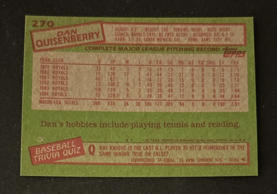 1985 年 Topps Dan Quisenberry 棒球卡 #270 皇家投手 状况极佳 O/C — 第 2/3 张图片