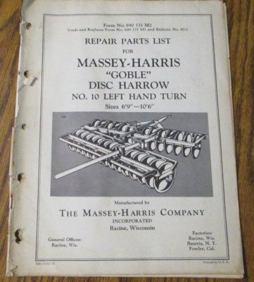 Massey Ferguson MF GOBLE Disc Harrow No 10 Left Turn Parts Catalog Manual Book