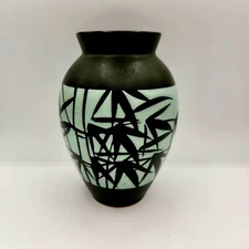 Vintage Green Turquoise Blue Pottery Vase Bamboo Cutout Design 8in JAPAN Ceramic