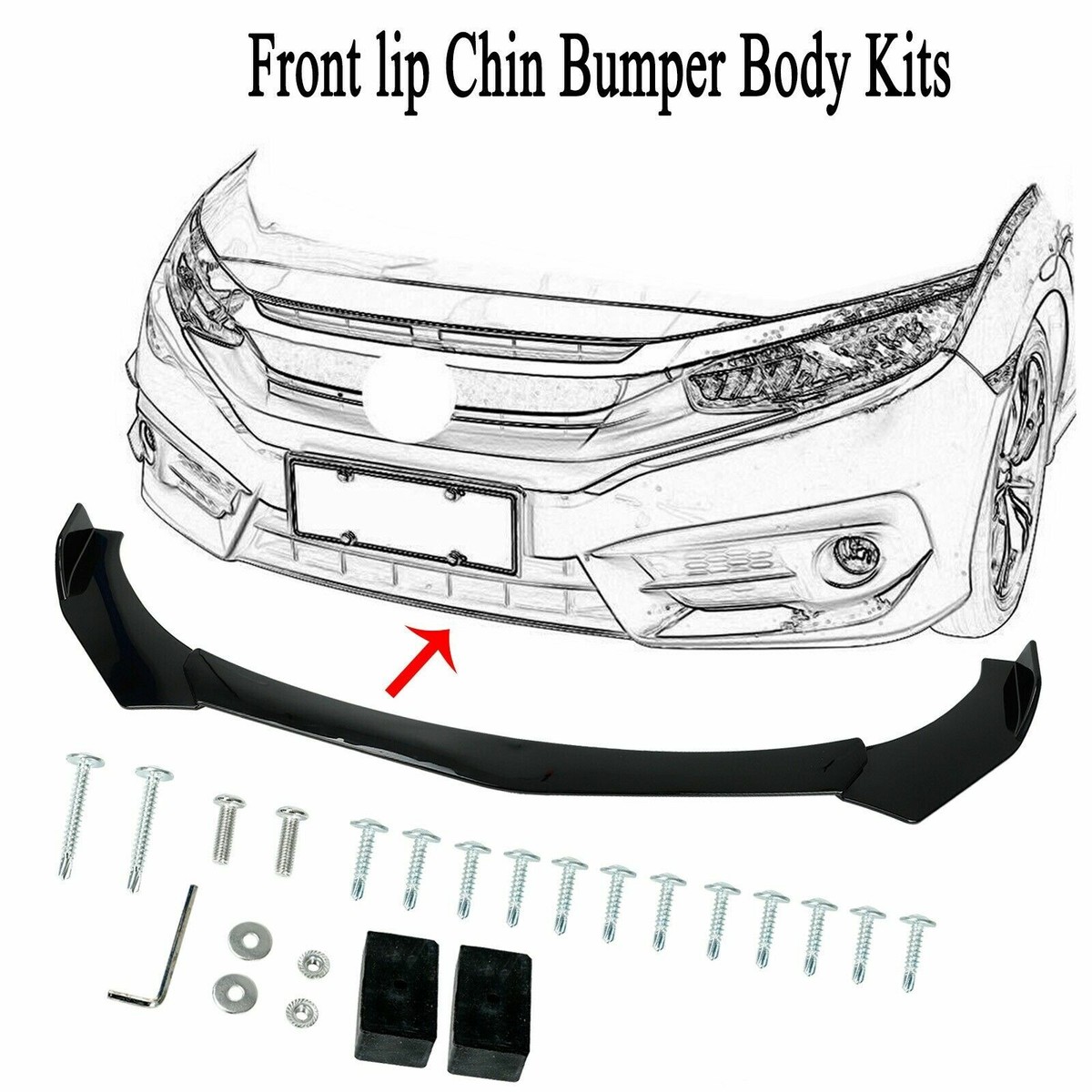 Glsossy Front Bumper Lip Chin Spoiler Splitter + Strut Rod For