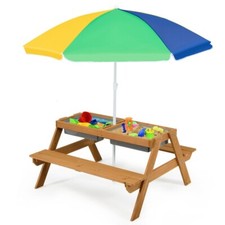 Kids Outdoor Picnic Water Sand Table Toddler Activity Wood Play Boxes W/Umbrella