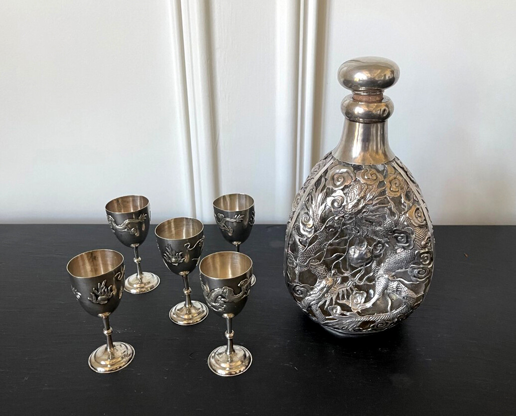 Set of Chinese Export Silver Overlay Bottle with Five Cordials