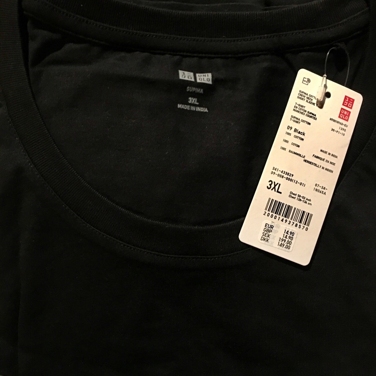 UNIQLO 100% SUPIMA COTTON CREW NECK T-SHIRT Colour: BLACK Size: 3XL