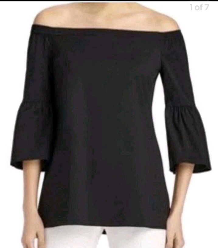 Lafayette 148 Rosario Top Small Off Shoulder Black Stretch Side Slit Bell Sleeve