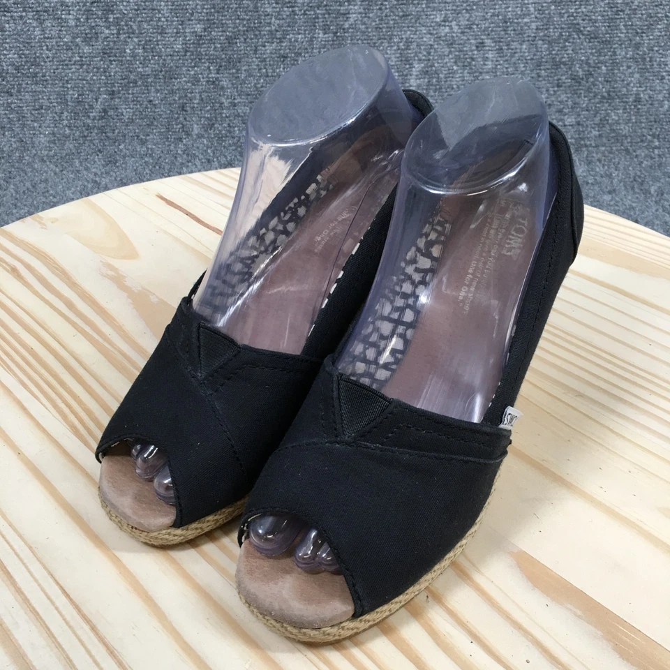 TOMS 高跟鞋女式 7.5 Calypso 露趾一脚蹬 Espadrille 楔形高跟鞋黑色 — 第 3/4 张图片