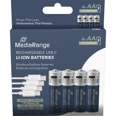 MediaRange USB-C Li-Ion Akku, Mignon AA I 1.5V | 1400 mAh, 4erPack
