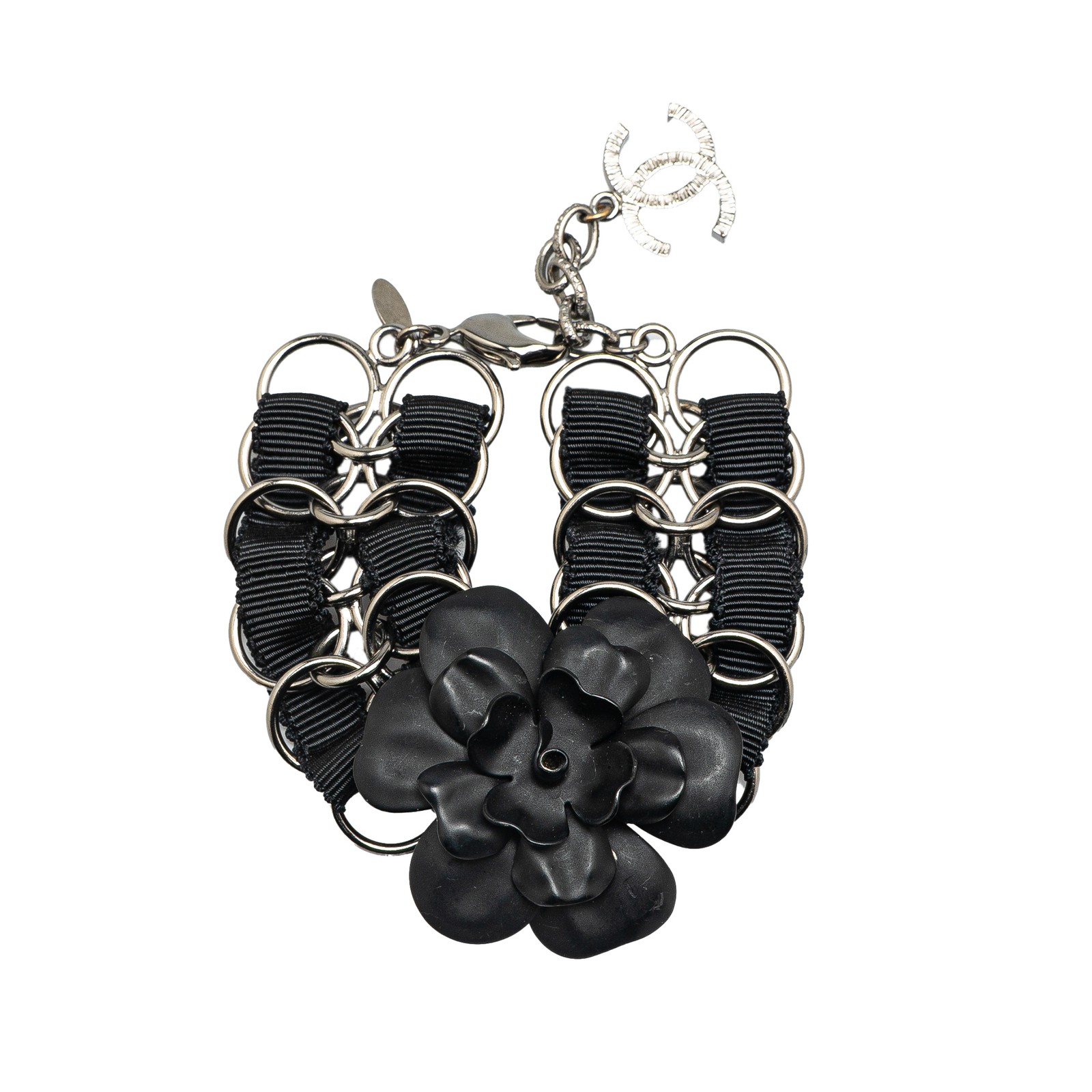 Chanel Nylon Resin Camellia Chain Ribbon Bracelet with Gold-Tone Accents