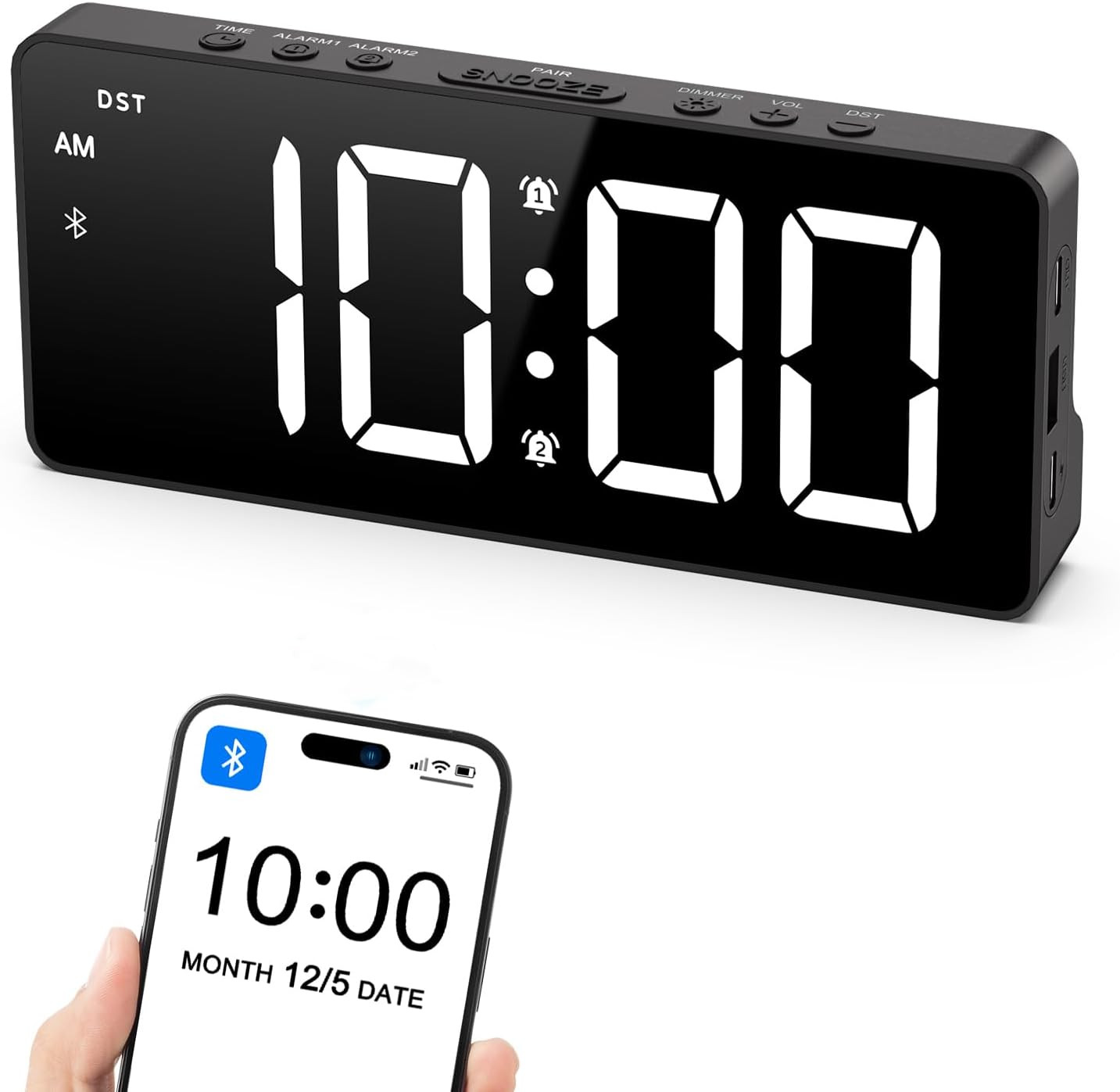For Bedrooms - Bluetooth Sync Time Alarm Clock, Digital Clock Large