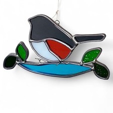 Leaded Stained Glass Robin Bird Branch Hanging Suncatcher Multicolored Signed