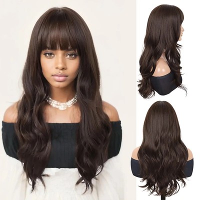 Costume Wigs With Fringe Long Wavy Natural Synthetic Hair Halloween Choc Brown