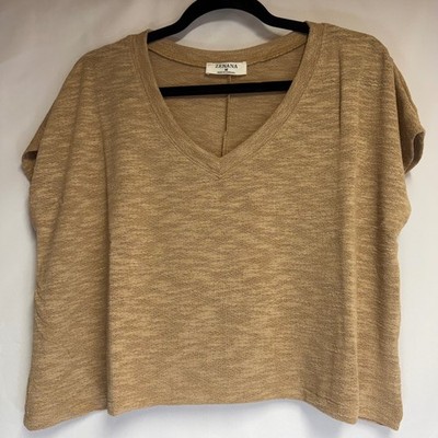 Zenana Tan Marl V-Neck Lightweight Knit Boxy Short Sleeve Top Crop Medium NWOT