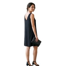 NWOT Eileen Fisher 398 100 Silk Georgette V-Back Shift Dress Black Lagenlook L