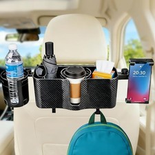 Car Headrest Backseat Storage Box with 2 Cup Holders, Back Seat Car Organizer