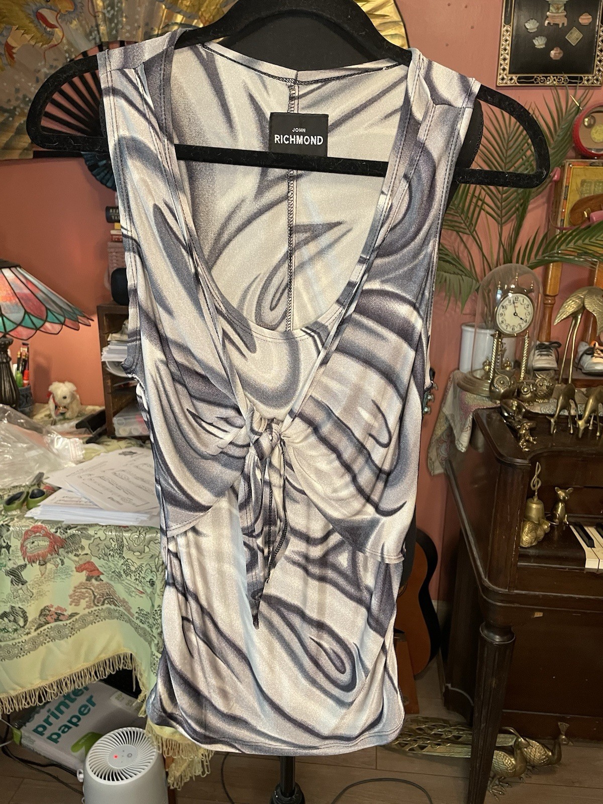 Vintage 90s Y2K John Richmond marbled swirl the dye front tie tank blouse Small