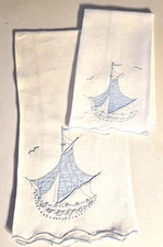 Vint. MARGHAB Hand Embroidery Guest Towels - DREAM BOAT - Blue - FREE SHIP