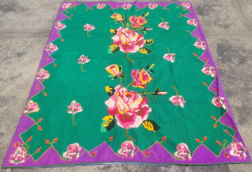 Vintage French Floral Needlepoint Handmade Multicolor Rug Wool Carpet 202x164 cm