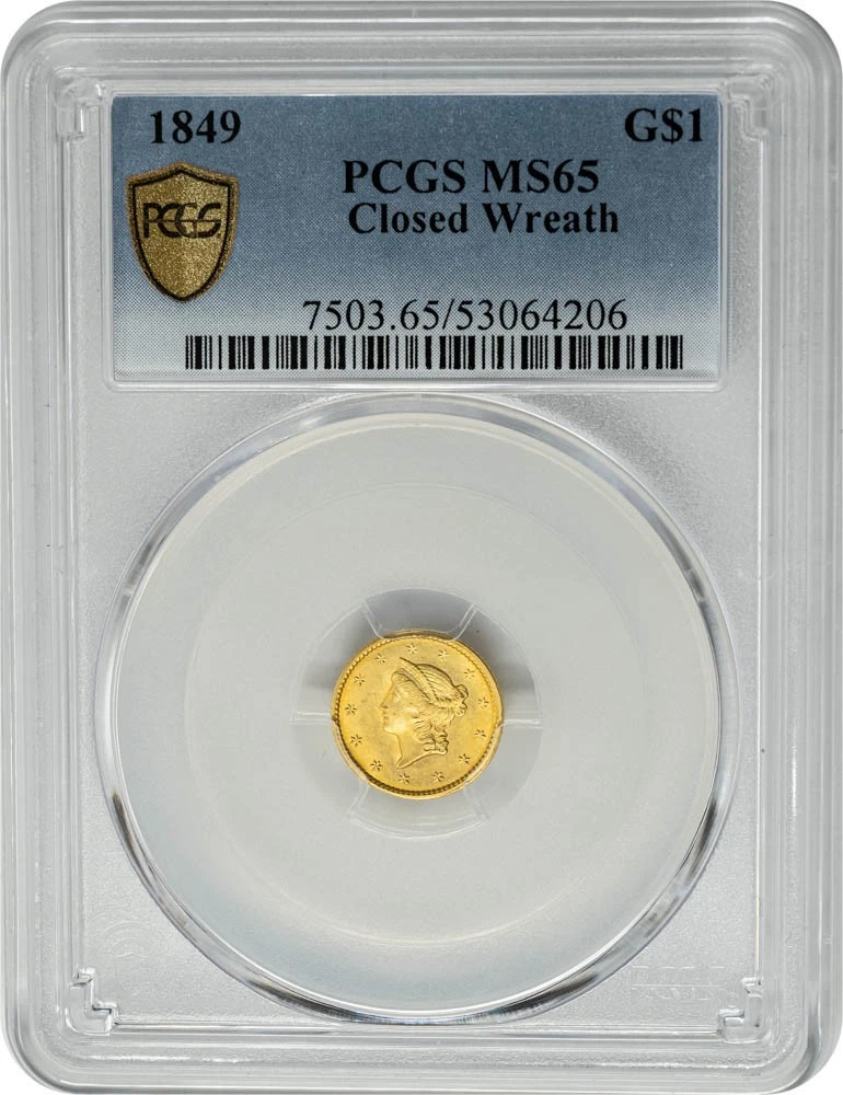 1849 $ Gold Liberty Dollar Closed Wreath MS65 Secure PCGS 951031-19
