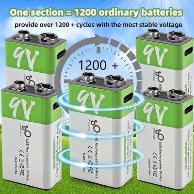 Li-ion USB Rechargeable 9V Battery 1200mAh 9 Volt Lithium Ion Batteries Pack Lot