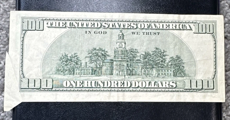 Billete de error mariposa 1996 $100 Foto 2 de 2