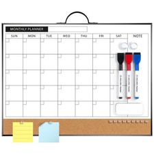 Calendar Whiteboard Cork Board Combination for Wall, 12"x16" Double-Sided Mon...