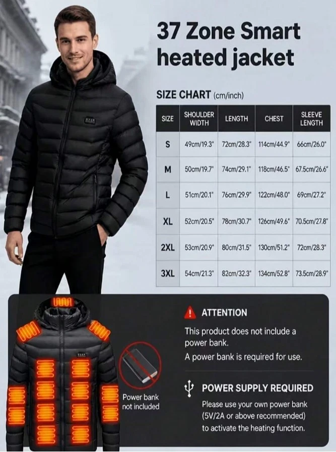 Men's Heated Jacket With 38 Heating Zones 3 Level Temp Power Bank Not Included - product detail image 5