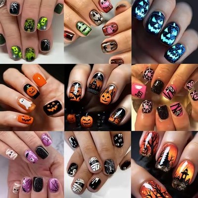 24Pcs Halloween Press On Fake Nails Dark Gothic Ghost Spider Web Nail Art