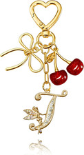 Initial Keychain with Bow and Cherry,Gold Letter Bag Charms for Women,Cute Purse